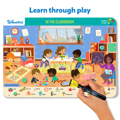 Interactive In the Classroom themed search and find reusable activity mat for ages 3-6