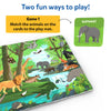 A jungle-themed cloth play mat is shown alongside a green animal card labeled “Elephant.” A yellow text box explains “Game 1: Match the animals on the cards to the play mat.” The mat includes detailed illustrations of a lion, giraffe, elephant, tiger, crocodile, birds, sloth, monkey, and river landscape, demonstrating how children visually match cards to the scene.