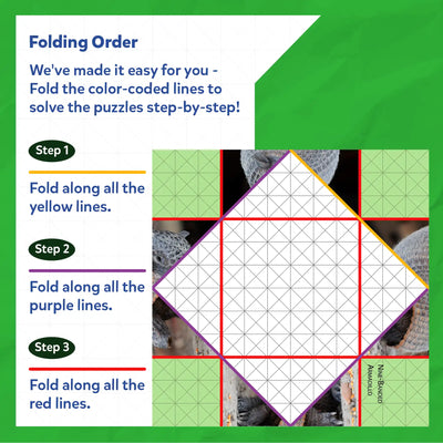 Instructions for folding an origami puzzle from Craftopedia Coolest Creatures Origami Puzzle Book