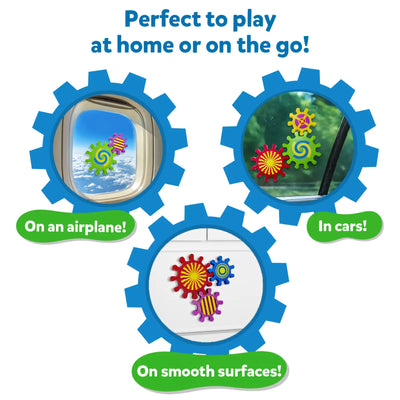 Skillmatics Spinny Gears Pattern Pop shown in three play settings inside blue gear-shaped frames. Top-left shows patterned gears on an airplane window, top-right on a car window, and bottom-center on a smooth white surface. Green labels read "On an airplane!", "In cars!", and "On smooth surfaces!" Header: "Perfect to play at home or on the go!"