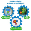 Skillmatics Spinny Gears Pattern Pop shown in three play settings inside blue gear-shaped frames. Top-left shows patterned gears on an airplane window, top-right on a car window, and bottom-center on a smooth white surface. Green labels read 