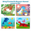 Colorful textured animal and dinosaur-themed sticker art scenes for kids ages 3-7