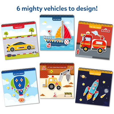Six spiral-bound vehicle-themed reusable sticker activity books for kids ages 3-7