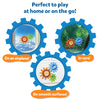 Skillmatics Spinny Gears Animal Fun shown in three play settings inside blue gear-shaped frames. Top-left shows lion and caterpillar gears on an airplane window, top-right shows lion and elephant gears on a car window, bottom-center shows three animal gears on a smooth white surface. Orange labels read 