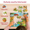 Child assembling the Skillmatics All About Farm Animals puzzle with oversized, easy-to-grip pieces on a tabletop. Feature callouts highlight thick, sturdy puzzle pieces, bright colorful farm illustrations, and a child-friendly design that is perfectly sized for little hands.