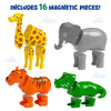 Snap N Swap set display showing ‘Includes 16 Magnetic Pieces’ with separated giraffe, elephant, tiger and crocodile components arranged as modular head, torso and legs. Emphasises interchangeable magnetic construction system for creating multiple animal combinations for ages 2–5.