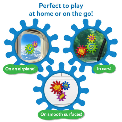 Skillmatics Spinny Gears Pattern Pop shown in three play settings inside blue gear-shaped frames. Top-left shows patterned gears on an airplane window, top-right on a car window, and bottom-center on a smooth white surface. Green labels read "On an airplane!", "In cars!", and "On smooth surfaces!" Header: "Perfect to play at home or on the go!"