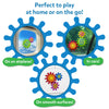 Skillmatics Spinny Gears Pattern Pop shown in three play settings inside blue gear-shaped frames. Top-left shows patterned gears on an airplane window, top-right on a car window, and bottom-center on a smooth white surface. Green labels read 