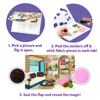 Three-step Skillmatics Fab Tabs activity guide showing a picture board opened to reveal sticker areas, fabric pieces being peeled and placed onto designated sections, and a completed room design. The visual explains selecting a scene, applying fabrics, and revealing the finished textured artwork.