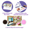 Three-step Skillmatics Fab Tabs activity guide showing a picture board opened to reveal sticker areas, fabric pieces being peeled and placed onto designated sections, and a completed room design. The visual explains selecting a scene, applying fabrics, and revealing the finished textured artwork.