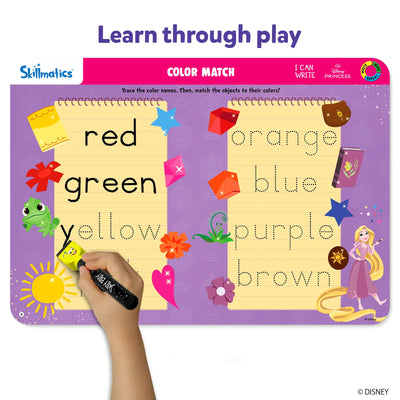Purple Skillmatics Color Match learning board with child’s hand holding a pen for I Can Write Disney Princesses activity mats