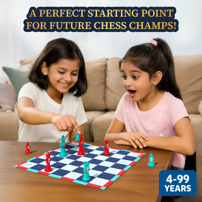 Two young girls play Chess Kickoff on a table using only eight chess pieces on a compact board. One child moves a piece while the other reacts with excitement. Text reads “Chess Made Easy with Just 8 Pieces!” and “4–99 Years.” The image emphasizes simplified chess learning, strategic thinking, and accessibility for children and beginners in a relaxed home environment.