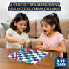 Two young girls play Chess Kickoff on a table using only eight chess pieces on a compact board. One child moves a piece while the other reacts with excitement. Text reads “Chess Made Easy with Just 8 Pieces!” and “4–99 Years.” The image emphasizes simplified chess learning, strategic thinking, and accessibility for children and beginners in a relaxed home environment.
