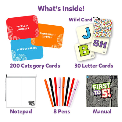 Contents of a First to 5 Quick Category Game with a Twist board game set for ages 8+