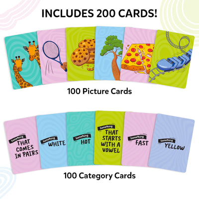 Skillmatics Cross Over contents overview displaying 200 cards in total. The image shows 100 picture cards featuring items such as giraffes, a tennis racket, cookies, a tree, pizza, and a roller coaster, alongside 100 category cards with prompts including colors, traits, letters, and matching concepts.