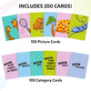Skillmatics Cross Over contents overview displaying 200 cards in total. The image shows 100 picture cards featuring items such as giraffes, a tennis racket, cookies, a tree, pizza, and a roller coaster, alongside 100 category cards with prompts including colors, traits, letters, and matching concepts.