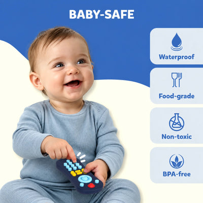 A happy baby dressed in a light blue onesie presses the pop buttons on the Skillmatics Push & Pop TV Remote toy. Text emphasizes the product’s baby-safe features — waterproof, food-grade, non-toxic, and BPA-free. The image highlights safety and tactile play benefits, making it an ideal fidget and sensory development toy for babies 9–24 months.