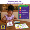 A young child sits at a wooden table using the Skillmatics Picture Sprouts activity book and coloring a drawing with retractable crayons. Additional completed pages and the crayon box are placed nearby. A side panel lists creative thinking, observation, spatial reasoning, and fine motor as key skills.