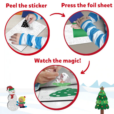 Christmas-themed children’s craft kit with foil sheets creating sparkly sticker designs
