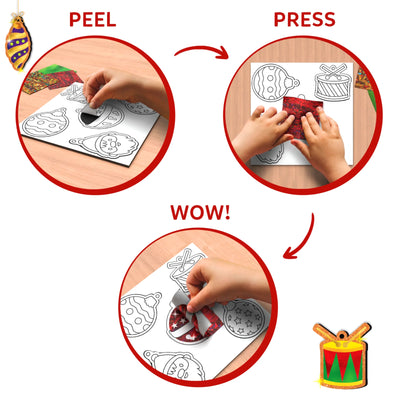 Step-by-step demonstration of Skillmatics Foil Fun Christmas Ornaments activity showing the peel, press and reveal process. Children remove adhesive backing, apply colourful foil sheets to ornament designs and create sparkling decorations using the craft materials provided.