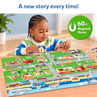 Magnetic play set with town map, buildings, and vehicles for kids ages 3-7