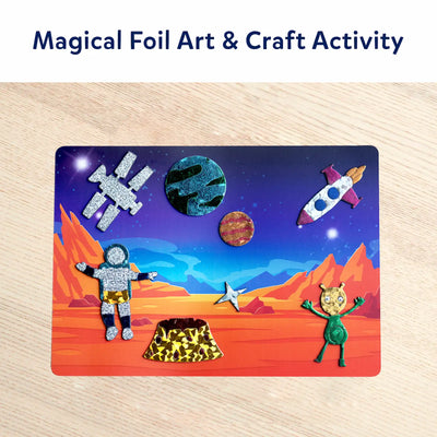 Children’s space-themed art kit with canvases foam stickers foil sheets and googly eyes