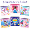 Six completed Skillmatics Peelies Unicorns and Princesses fantasy world scenes displayed on a white background. Top row shows Sparkle and Style with a decorated unicorn, The Princess Makeover with a princess in a dressing room, and The Unicorn Kingdom with a fairy and rainbow. Bottom row shows The Royal Reef with a mermaid, Magical Adventures with a hot air balloon at night, and Furry Friends with a princess and pet castle.