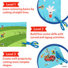 An instructional graphic explaining three learning levels in the Snip Snip kit. Level 1 focuses on cutting straight lines, shown with dashed paths across a green landscape. Level 2 highlights curved and zigzag cutting using safety scissors. Level 3 shows more complex shapes and craft projects with Disney characters. Each level is labeled in red banners with example cut paths and paper pieces.