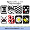 Educational layout for Skillmatics Sensory Crinklers showing “8 patterns that go from simple to complex” in a grid of eight cloth designs. Includes concentric squares, wavy lines, checker waves, stars, butterfly, red circles, sun face and bee. Footer notes each crinkler measures 7 x 5.9 in.