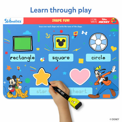 Blue educational mat for learning shapes with dry-erase marker from I Can Write Disney Junior Mickey Mouse reusable activity mats