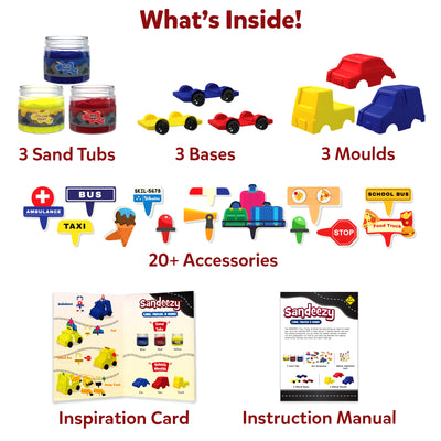 A layout displays Sandeezy kit contents: three sand tubs in blue, yellow, and red; three wheeled bases in matching colors; three plastic moulds for shaping vehicles; more than twenty accessories, including traffic signs, cones, lights, luggage pieces, and themed tags like taxi, ambulance, and food truck. The kit also includes an illustrated inspiration card and a printed instruction manual.