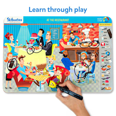 Interactive campsite themed reusable activity mat with marker and highlighted objects for ages 3-6