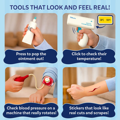 Four-panel feature graphic showcasing interactive tools from the Skillmatics Doctor Set. Close-up images show a pop-out ointment tube, click-to-read digital thermometer, rotating blood pressure monitor, and realistic injury stickers applied to skin, highlighting hands-on pretend medical play for children.