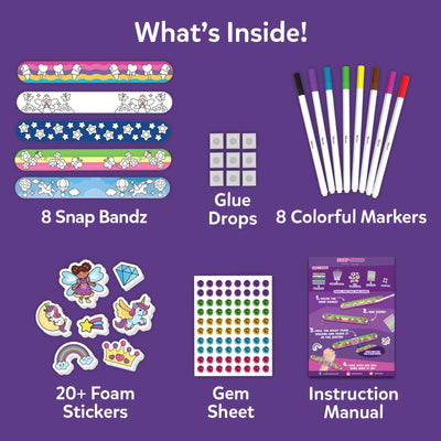 Craft kit for decorating Snap Bandz unicorns and princesses snap bracelets for kids