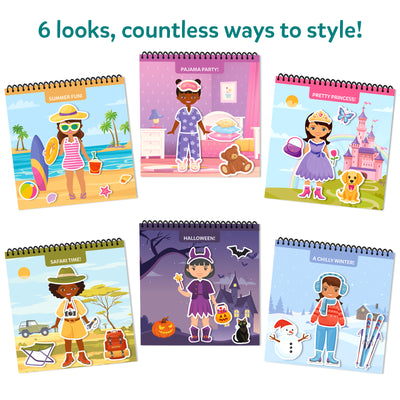 Set of six spiral-bound Peelies Dress Up reusable sticker books with themed outfits and accessories