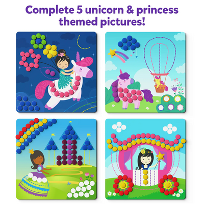 Children’s art activity kit with unicorn and princess-themed pictures and colorful pegs