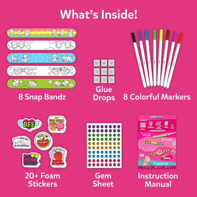 Craft kit for creating custom Snap Bandz with markers, stickers, and gems for kids