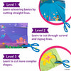 Educational layout explaining three skill levels in the Snip, Snip! activity kit. Level 1 focuses on cutting straight lines, Level 2 introduces curved and zigzag lines, and Level 3 involves cutting complex shapes. Each level is visually supported with illustrated paper scenes, dotted cutting paths, and child-safe scissors to demonstrate progressive skill development.