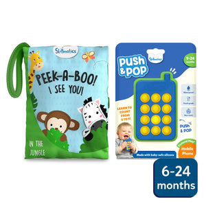Tiny Tots Sensory Bundle for 6-24 months featuring a peek-a-boo book and silicone push-and-pop mobile phone