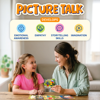 Skillmatics Picture Talk educational card game shown with an adult and child discussing a picture card at a table. Illustrated icons highlight emotional awareness, empathy, storytelling, and imagination while demonstrating how guided conversations help build social-emotional skills.