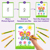 Step-by-step illustration explaining the activity. A simple semicircle shape is selected, rotated, and transformed into a colorful ice cream bowl with scoops and toppings. Below, a hand colors the finished drawing while several retractable crayons are arranged around the activity page.