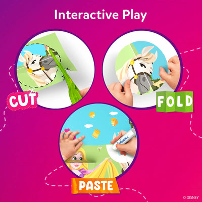 Illustrated “Interactive Play” graphic showing three circular steps labeled Cut, Fold, and Paste. The visuals demonstrate cutting along dotted lines, folding paper shapes with hands, and pasting elements using a glue stick. Bright colors, playful paths, and Disney Princess artwork reinforce hands-on creativity, fine motor skill practice, and guided craft-based learning.
