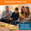 Family of four laughing together on a couch playing Skillmatics Family Banter. A teenage girl holds up a yellow Family Banter card while her father, mother, and teenage brother react with laughter. The Family Banter box and scattered question cards sit on the coffee table in front. A teal speech bubble reads Perfect for family nights, holidays, or when everyone's schedules finally align. Header reads Wholesome Family Fun.