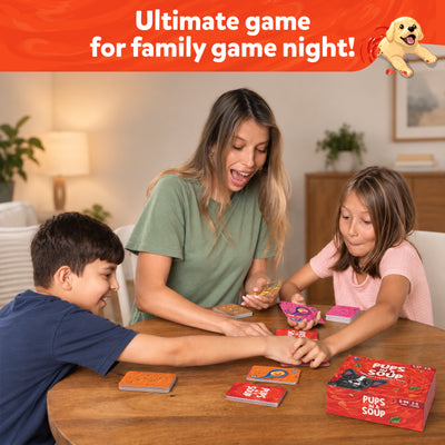Family playing Pups in a Soup fast-paced card game for ages 8 and up