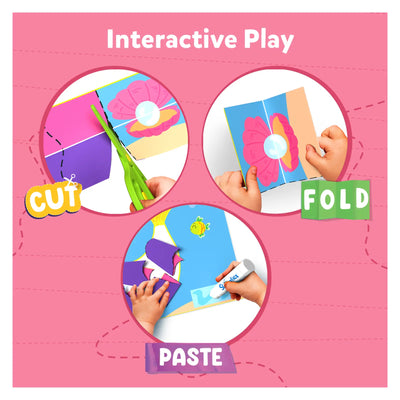 Children’s craft kit for paper art with cutting folding and pasting featuring unicorns and princesses