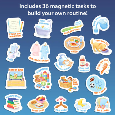 Illustrated collection of the 36 magnetic task pieces included with the Skillmatics My Daily Routine Chart. Activities include brushing teeth, homework, meals, washing hands, bedtime, reading, sports, art, gratitude, playtime, medicine, school, pet care, and other everyday routines.