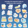 Illustrated collection of the 36 magnetic task pieces included with the Skillmatics My Daily Routine Chart. Activities include brushing teeth, homework, meals, washing hands, bedtime, reading, sports, art, gratitude, playtime, medicine, school, pet care, and other everyday routines.