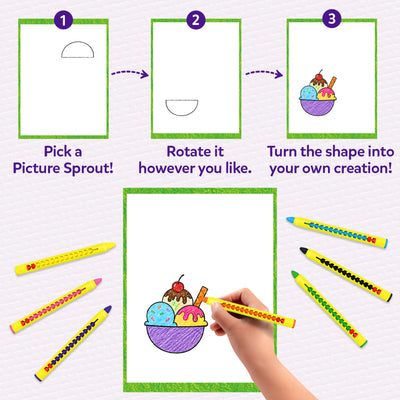 Step-by-step illustration explaining the activity. A simple semicircle shape is selected, rotated, and transformed into a colorful ice cream bowl with scoops and toppings. Below, a hand colors the finished drawing while several retractable crayons are arranged around the activity page.