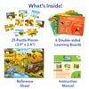 Contents of the Skillmatics Puzzle & Learn: All About Wild Animals set displayed on a white background. Includes twenty-five large puzzle pieces, a full-color reference sheet, six double-sided educational learning boards and an instruction manual for children aged 3–7.