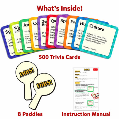 Dibs Exciting Trivia Card Game with 500 cards 8 paddles and instruction manual